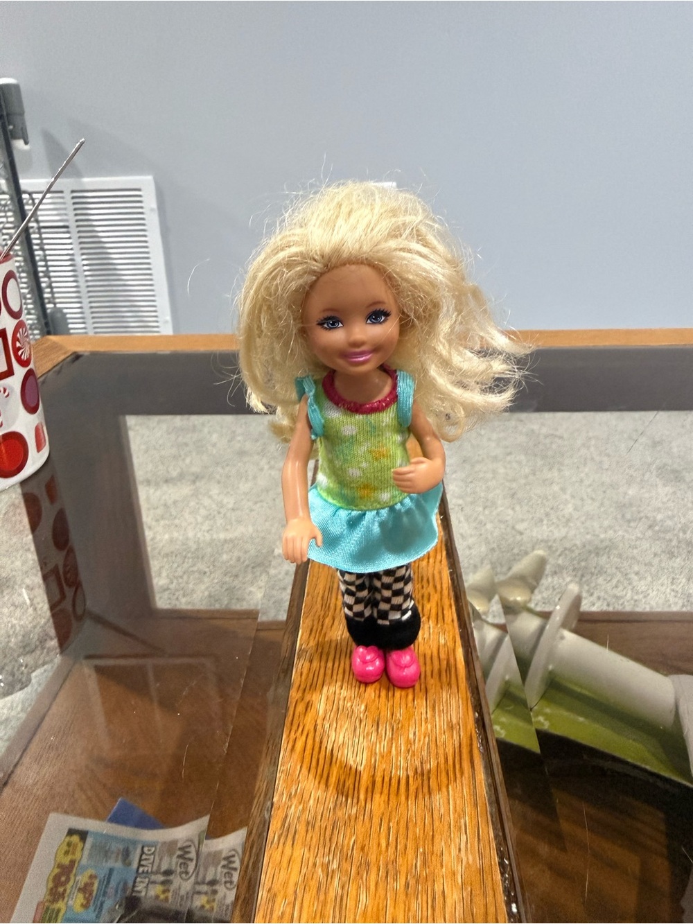 Barbie CHELSEA Doll Blonde Wearing Blue & Green Dress Bent Arm 5" Pink Shoes